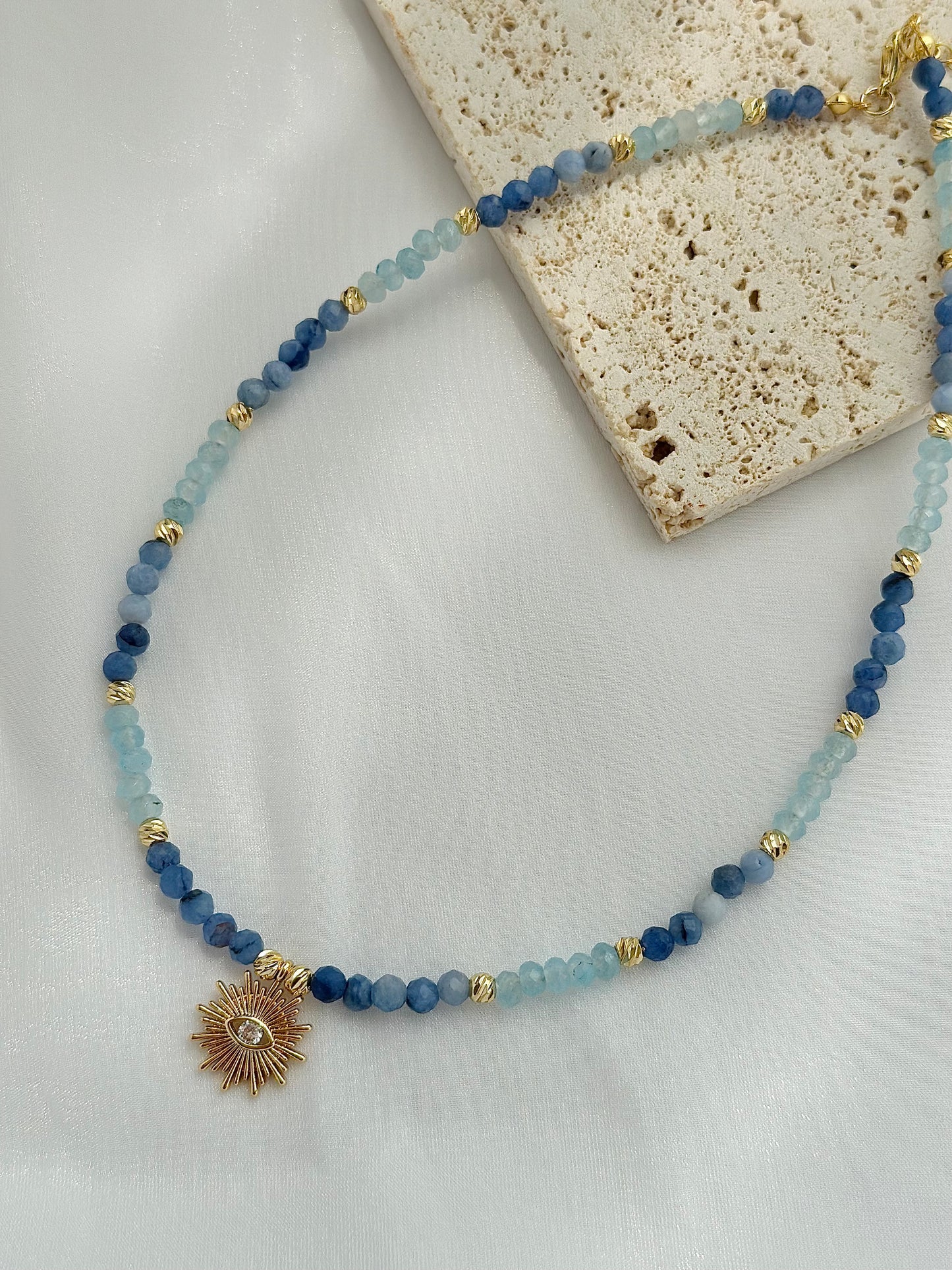 Blue Natural Stone Bead Pendant Necklace