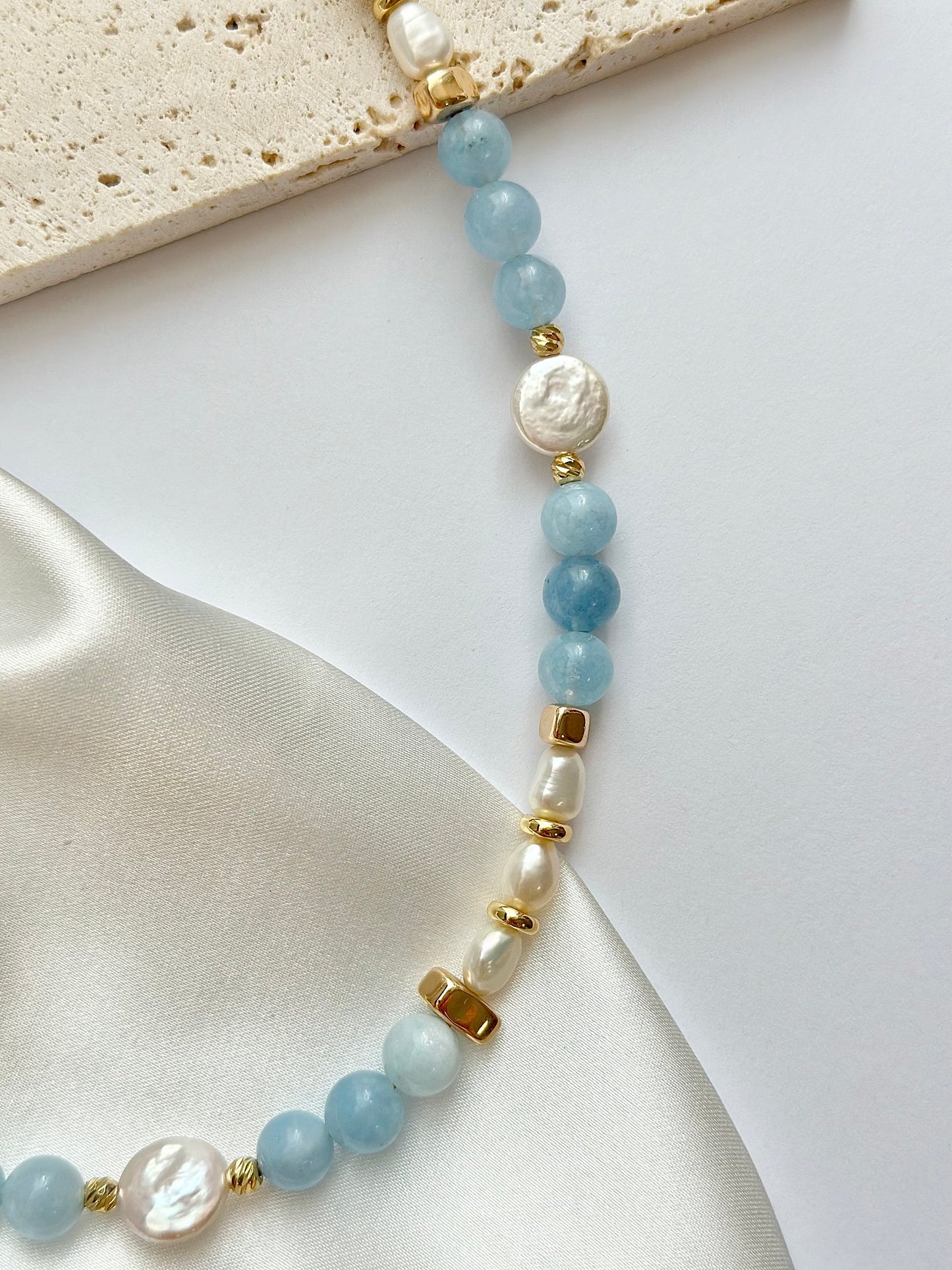 Aquamarine Beaded Pearl Necklace