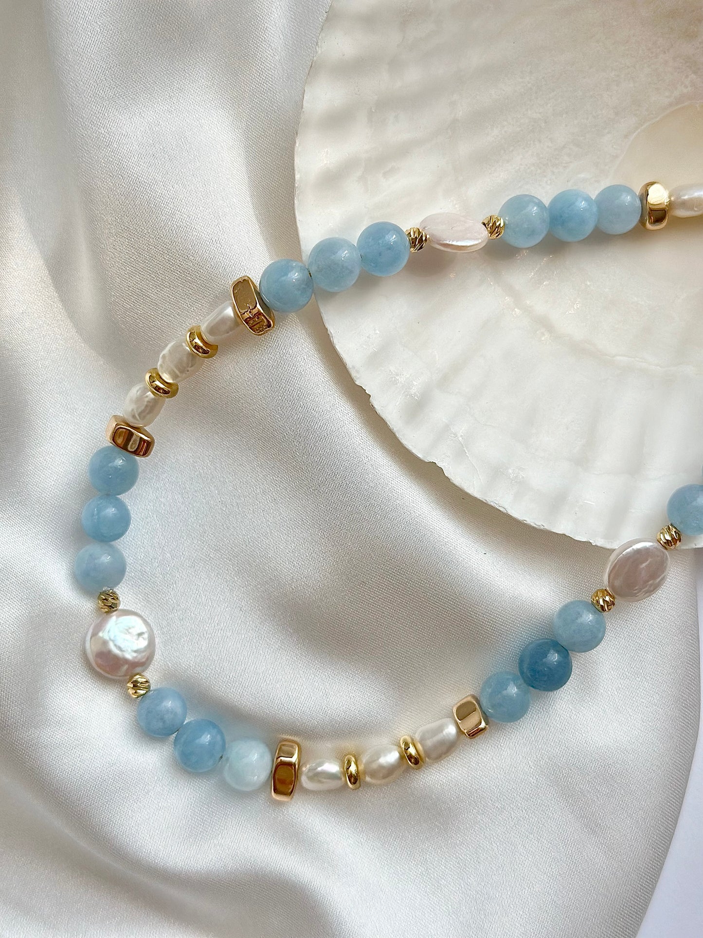 Aquamarine Beaded Pearl Necklace