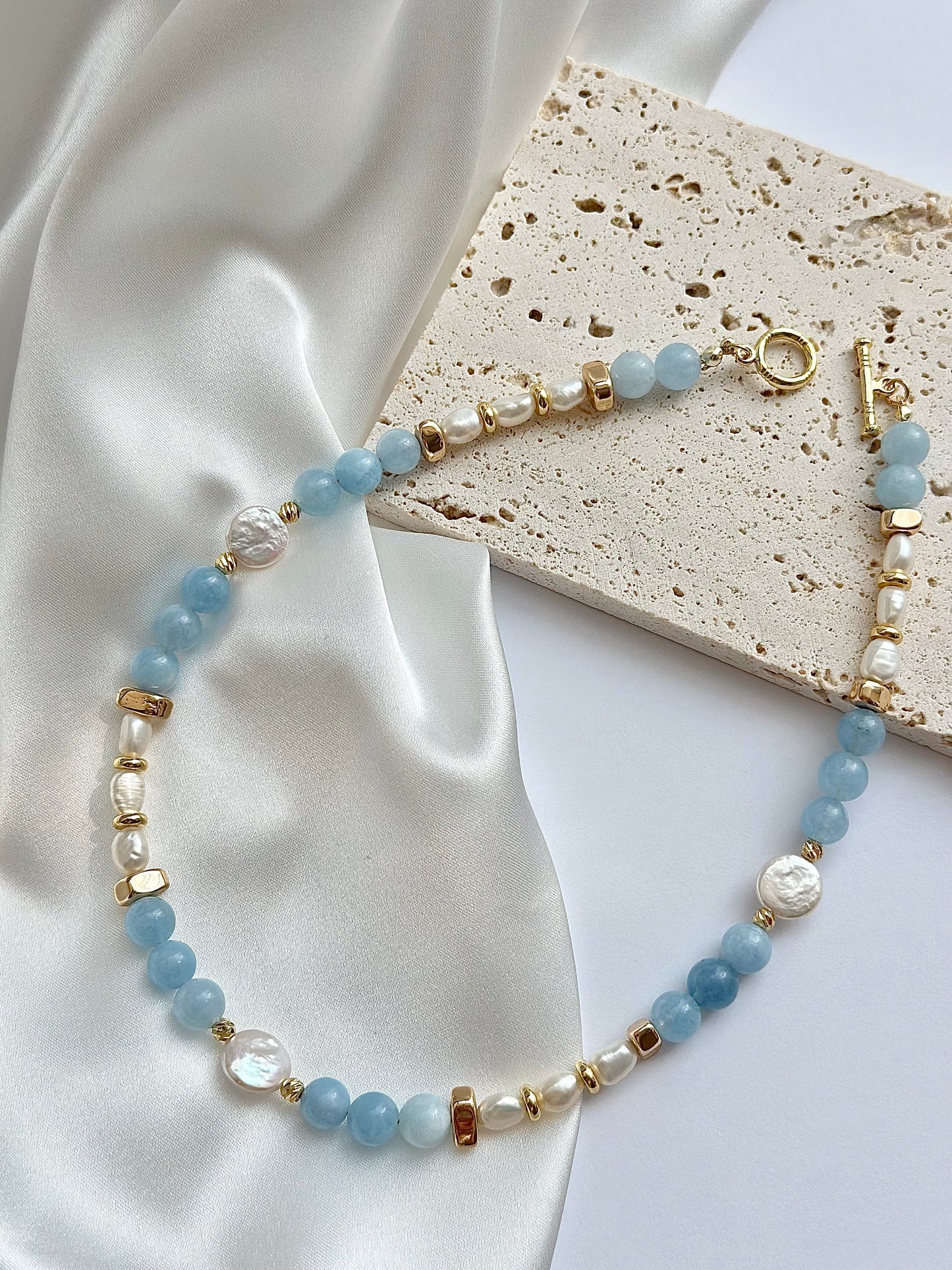 Aquamarine Beaded Pearl Necklace