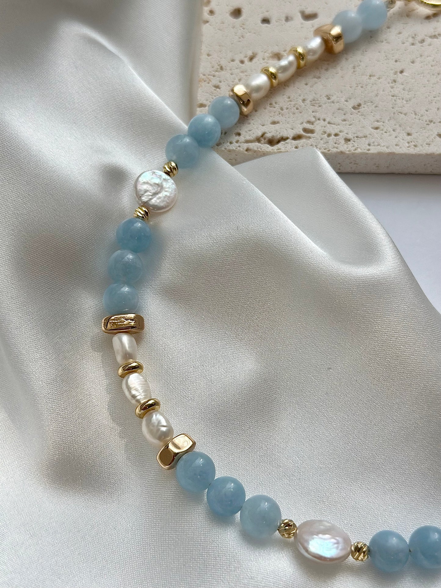 Aquamarine Beaded Pearl Necklace